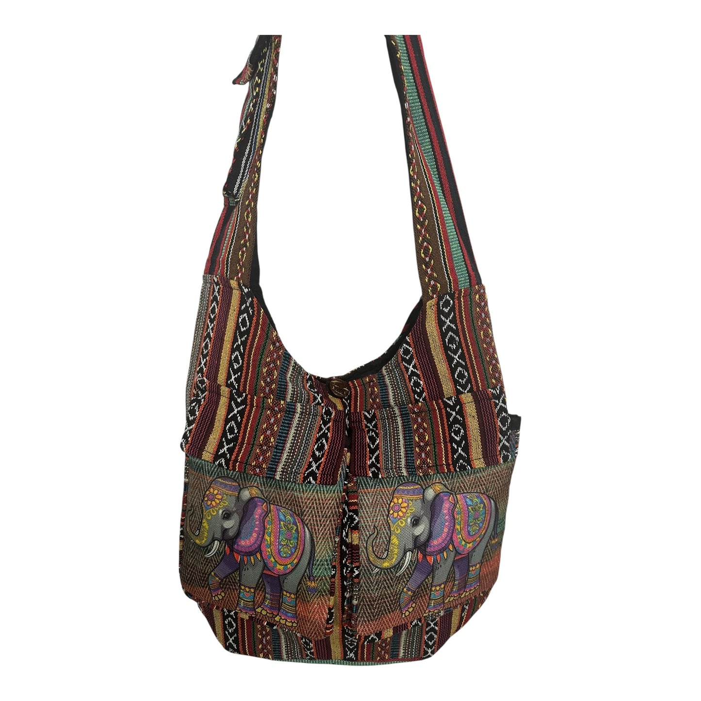 Handmade Cotton Boho Sling Bag – Elephant Print with Dual Front Pockets