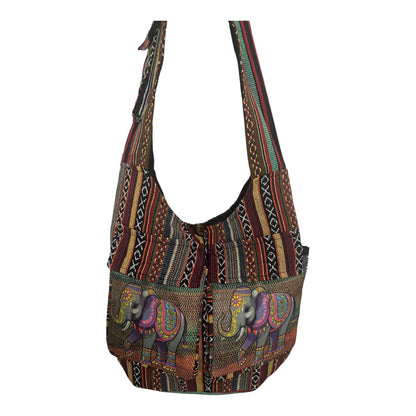 Handmade Cotton Boho Sling Bag – Elephant Print with Dual Front Pockets