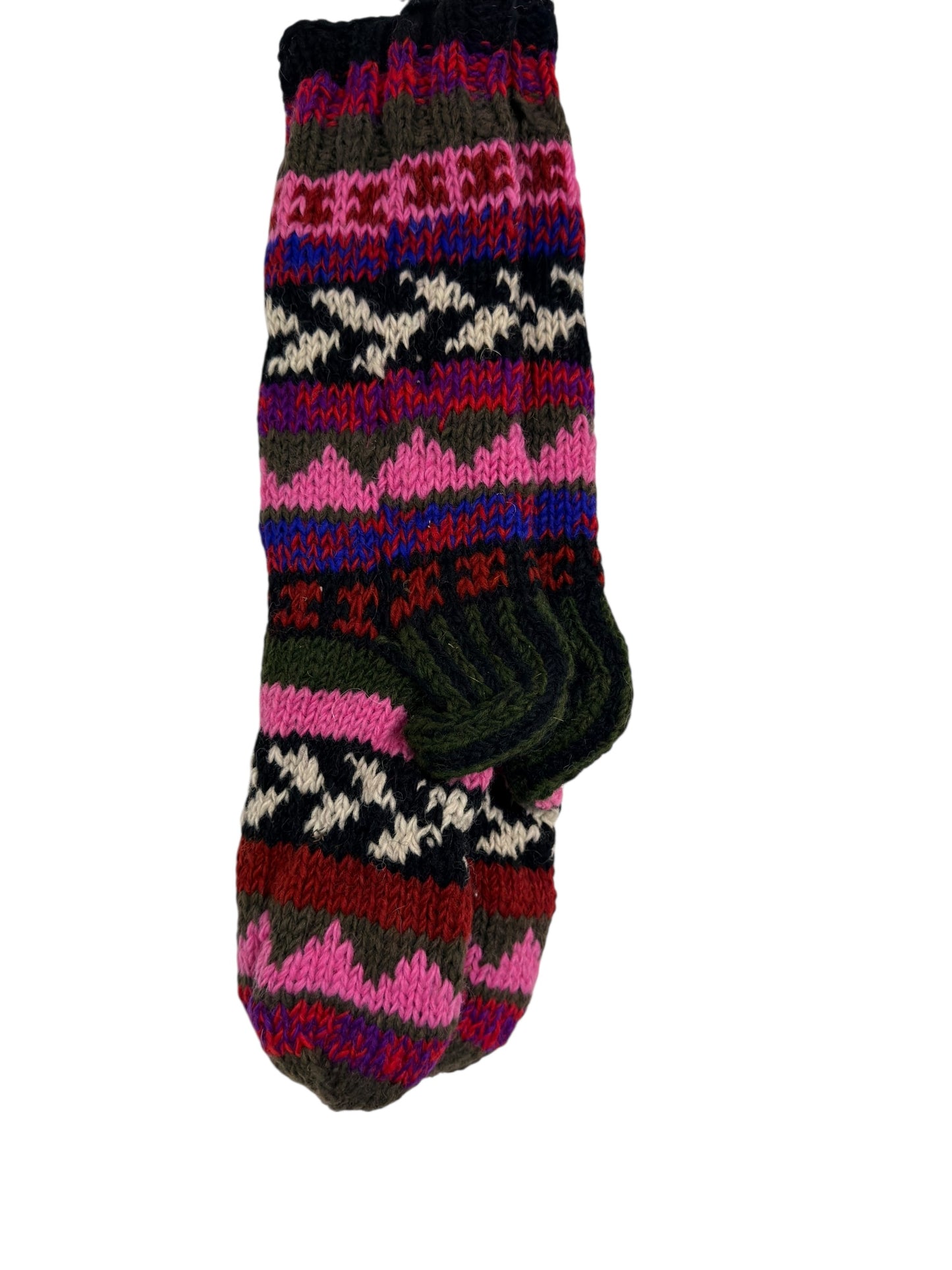 Hand-Knitted Organic Wool Socks – Pink & Olive Pattern