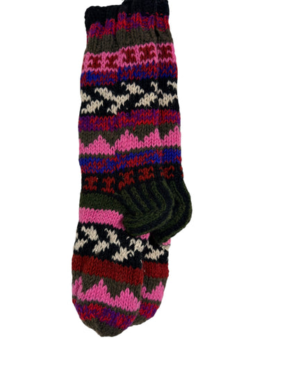 Hand-Knitted Organic Wool Socks – Pink & Olive Pattern