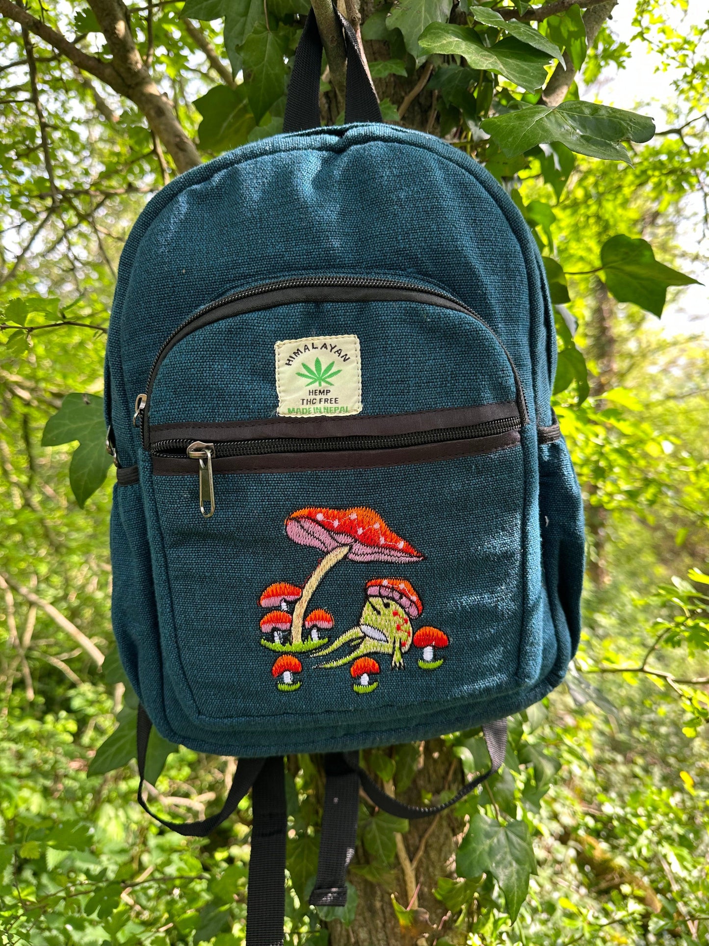Handmade Himalayan Hemp & Cotton Backpack - Embroidery Mushroom Design (Medium Size)