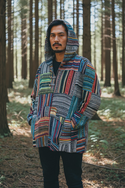 Multicolor Patchwork Baja Hoodie – Boho & Hippie Style
