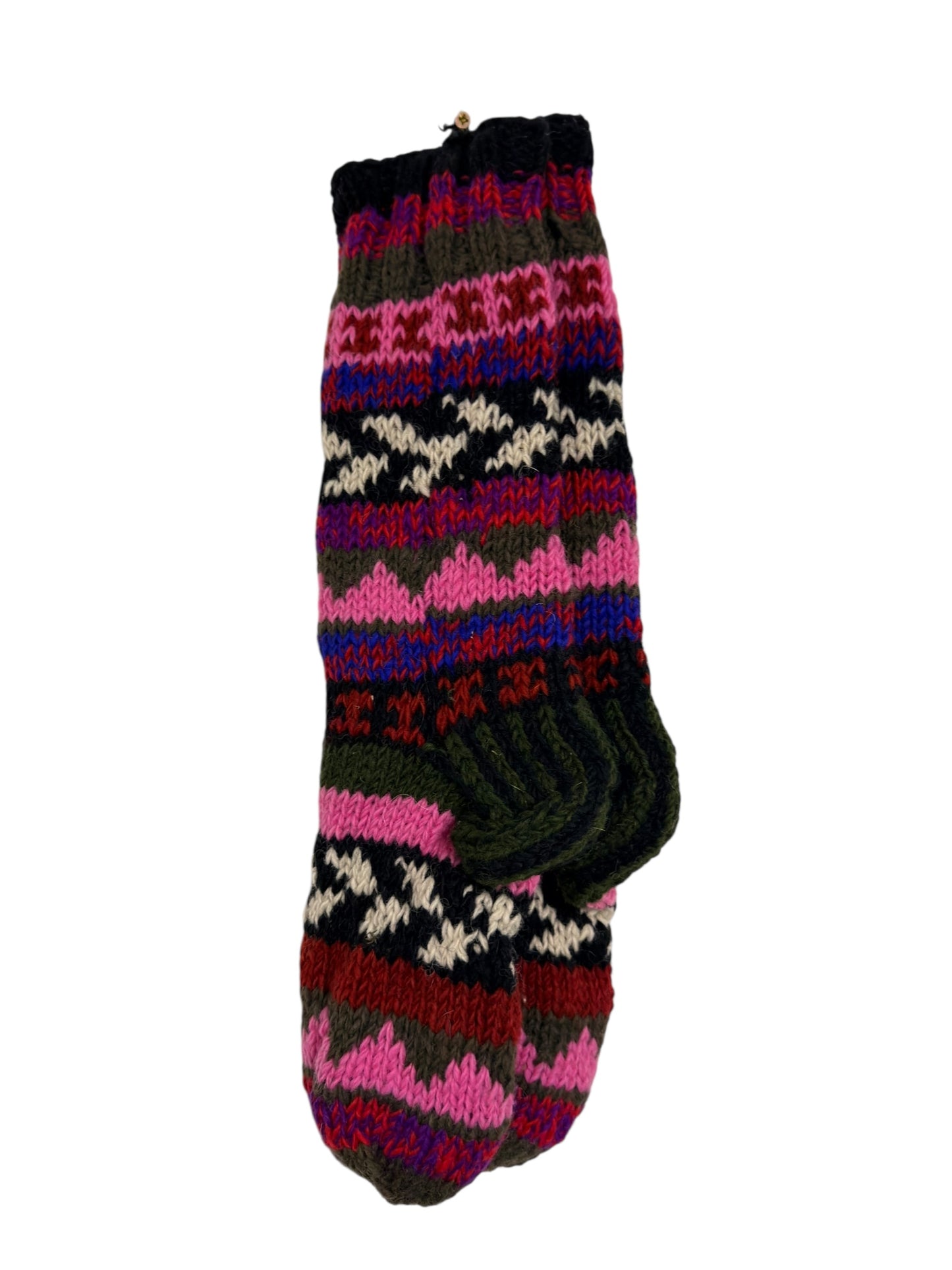 Hand-Knitted Organic Wool Socks – Pink & Olive Pattern