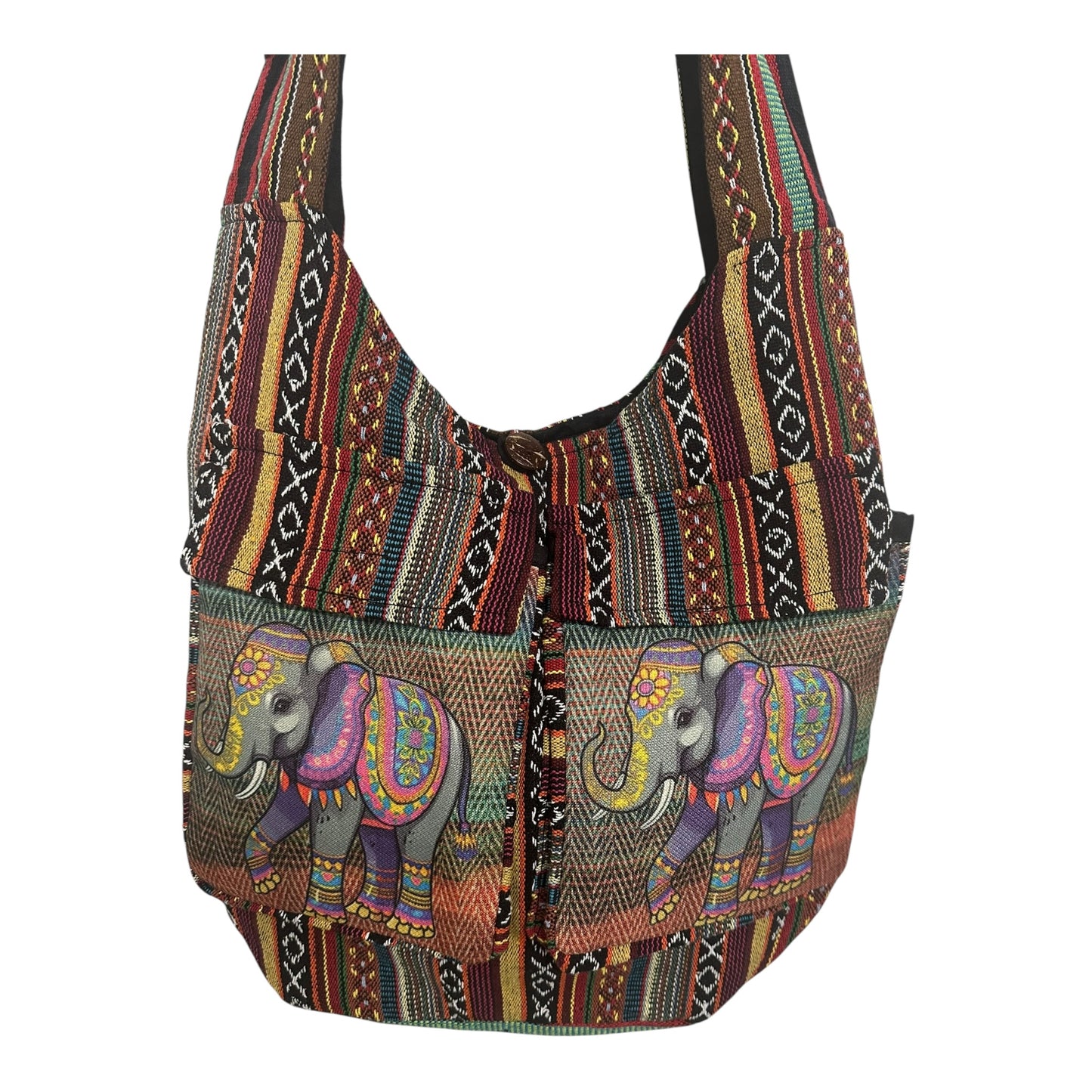 Handmade Cotton Boho Sling Bag – Elephant Print with Dual Front Pockets