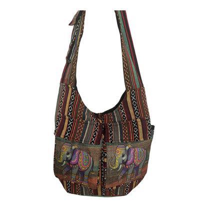 Handmade Cotton Boho Sling Bag – Elephant Print with Dual Front Pockets