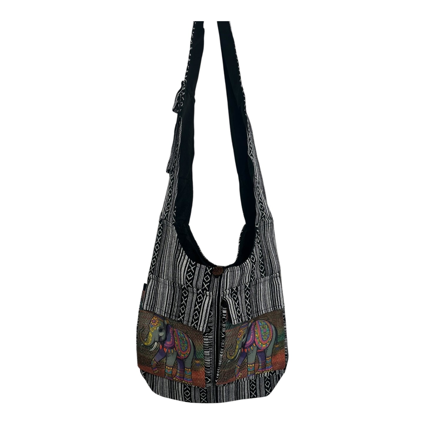 Handmade Cotton Boho Sling Bag – Elephant Print with Dual Front Pockets