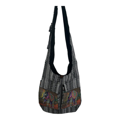 Handmade Cotton Boho Sling Bag – Elephant Print with Dual Front Pockets