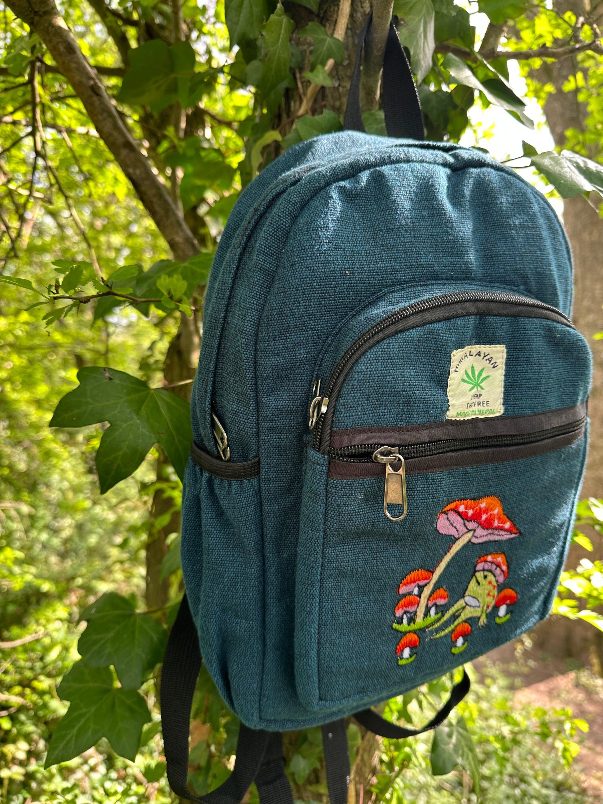 Handmade Himalayan Hemp & Cotton Backpack - Embroidery Mushroom Design (Medium Size)