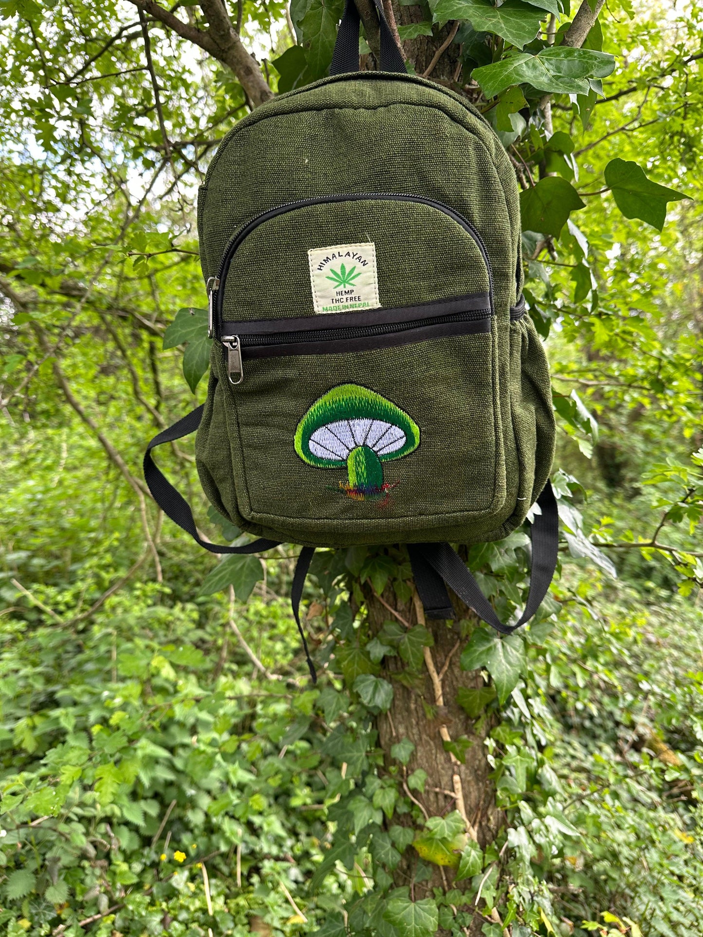 Handmade Himalayan Hemp & Cotton Backpack - Embroidery Mushroom Design (Medium Size)