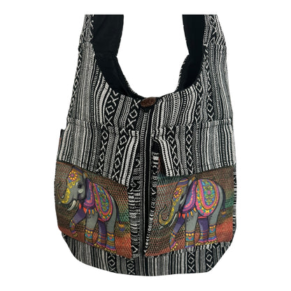 Handmade Cotton Boho Sling Bag – Elephant Print with Dual Front Pockets