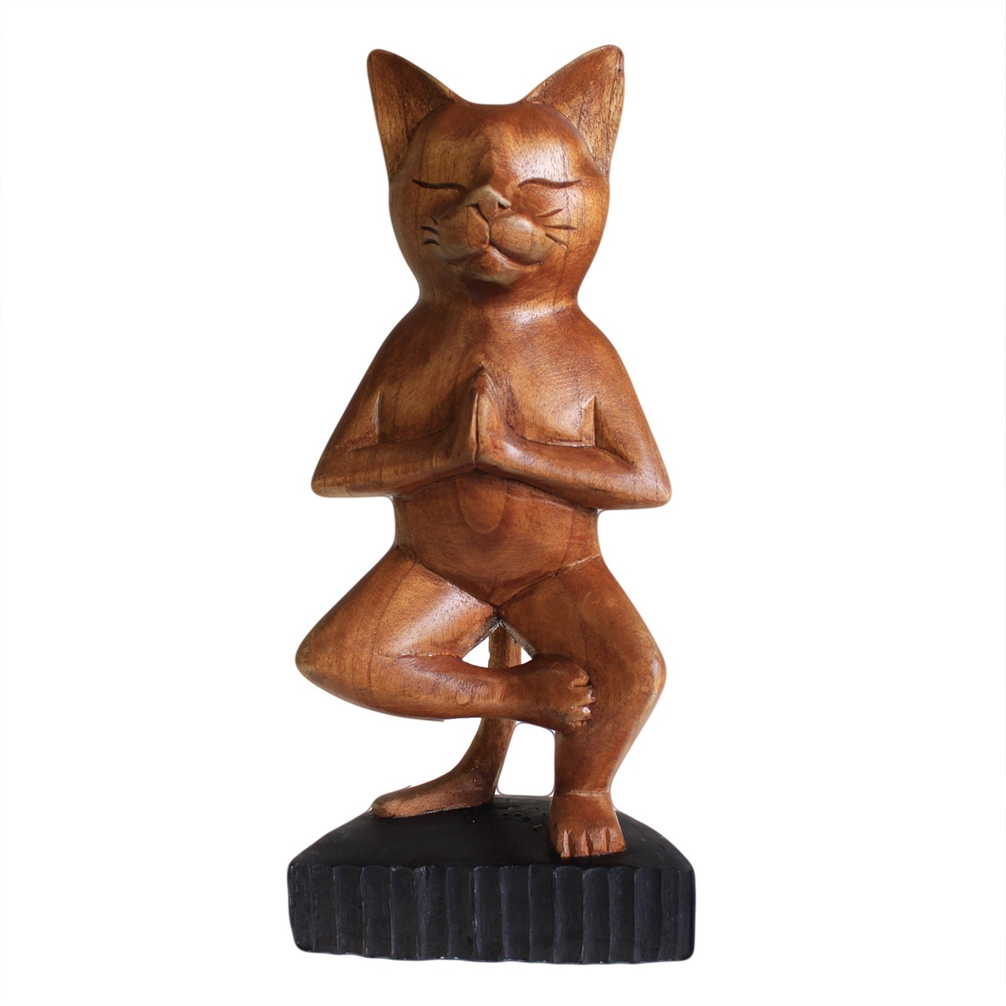 Wooden Cat Statue in Yoga Position