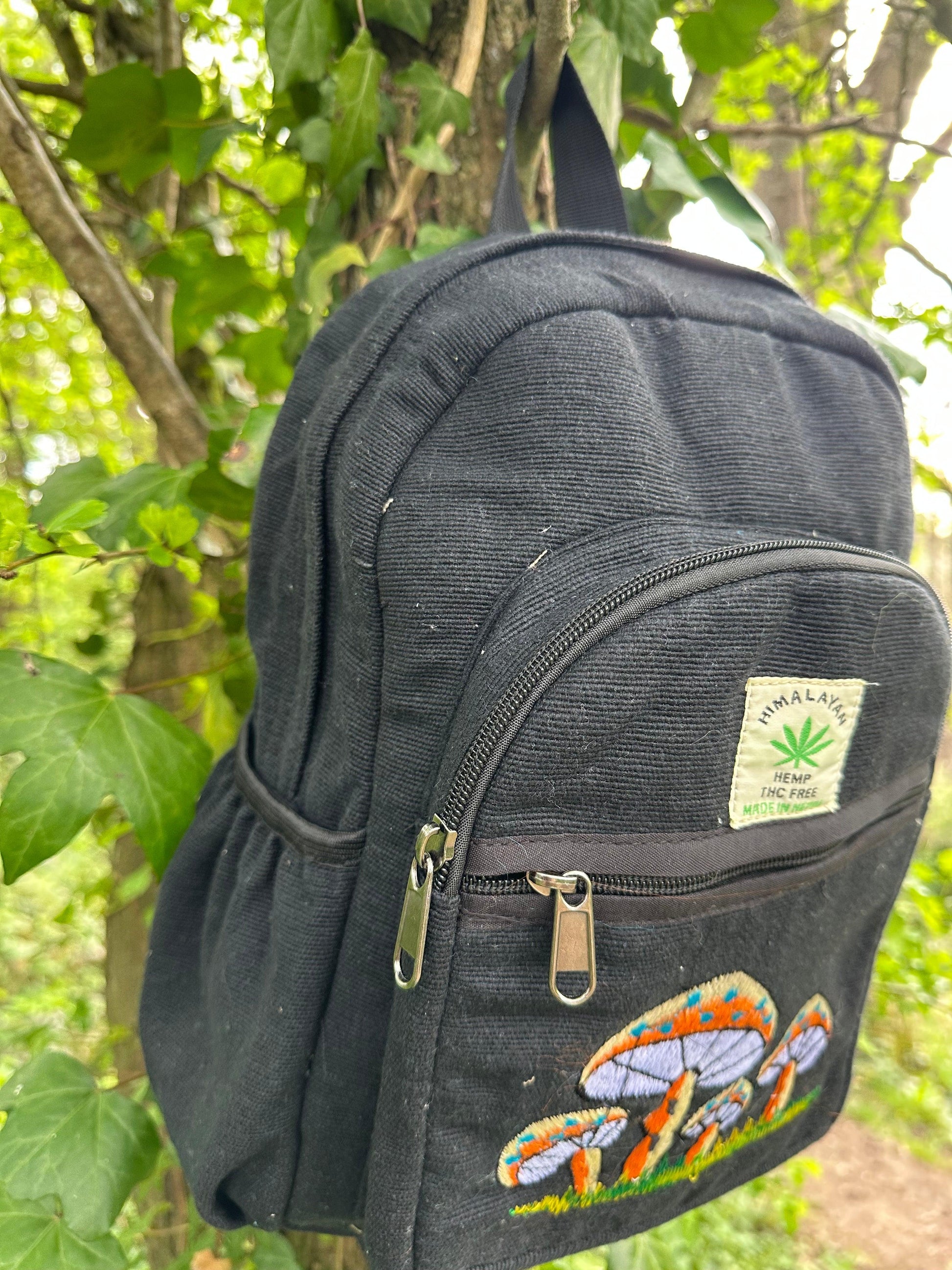 Handmade Himalayan Hemp & Cotton Backpack - Embroidery Mushroom Design (Medium Size)