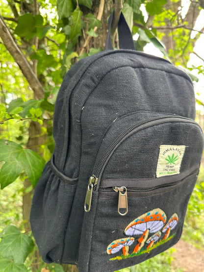 Handmade Himalayan Hemp & Cotton Backpack - Embroidery Mushroom Design (Medium Size)