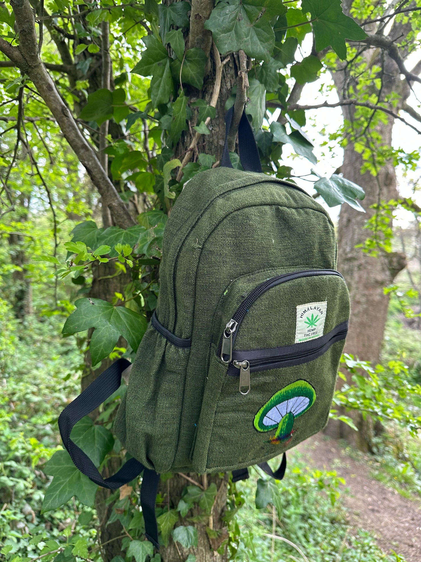 Handmade Himalayan Hemp & Cotton Backpack - Embroidery Mushroom Design (Medium Size)