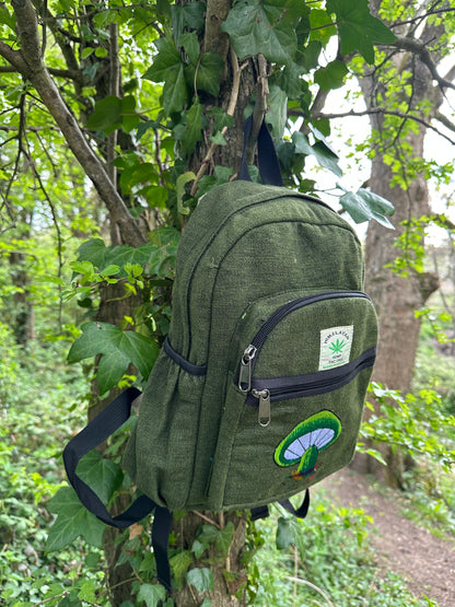 Handmade Himalayan Hemp & Cotton Backpack - Embroidery Mushroom Design (Medium Size)