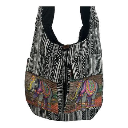 Handmade Cotton Boho Sling Bag – Elephant Print with Dual Front Pockets