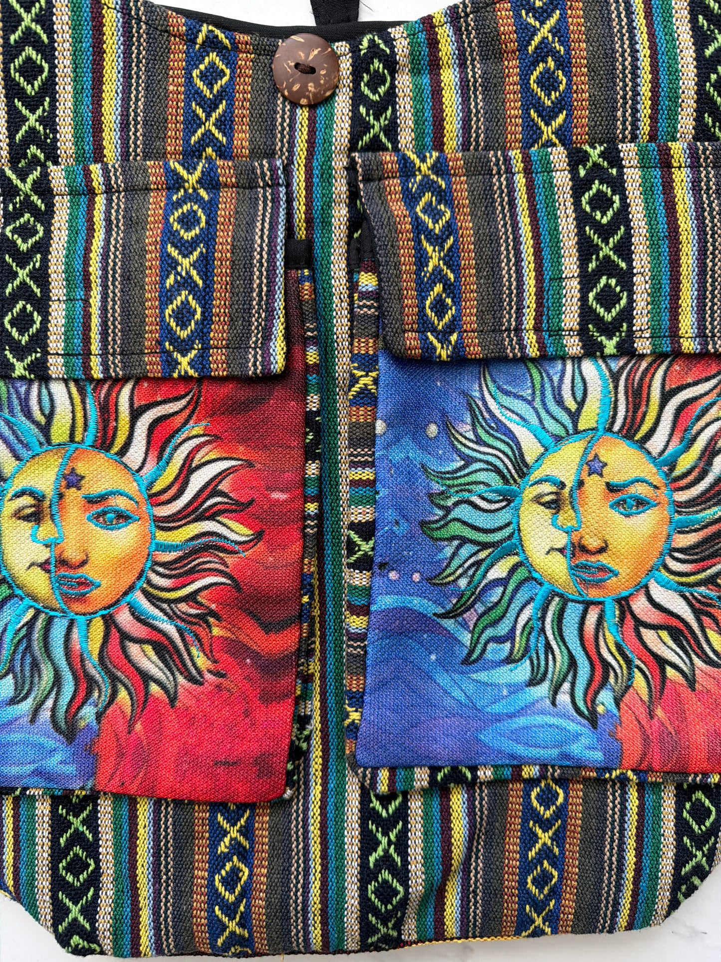 Handmade Cotton Boho Sling Bag – Twin Sun Face Print with Pockets