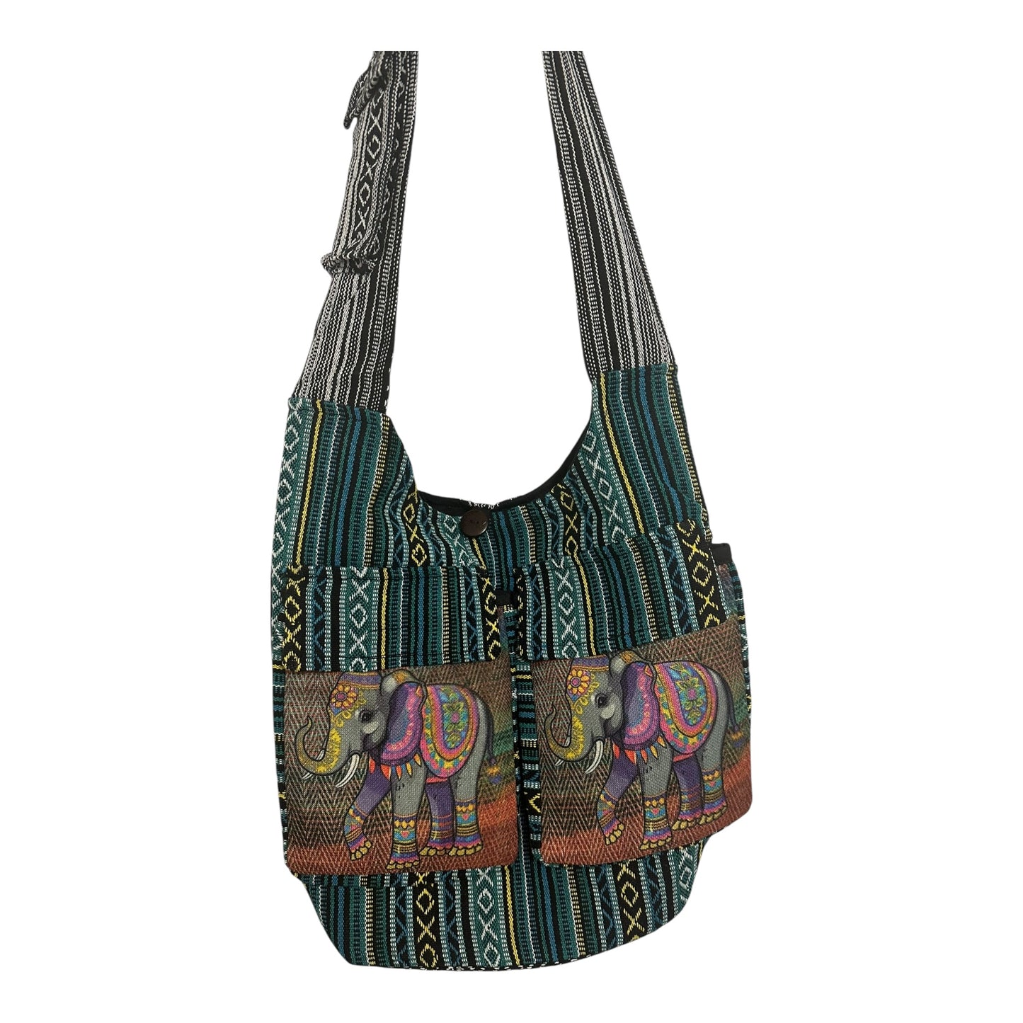 Handmade Cotton Boho Sling Bag – Elephant Print with Dual Front Pockets