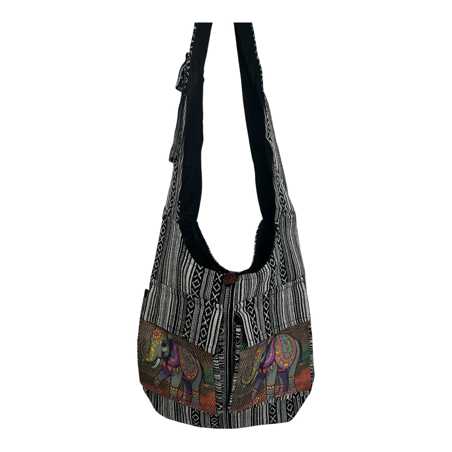 Handmade Cotton Boho Sling Bag – Elephant Print with Dual Front Pockets
