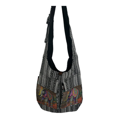 Handmade Cotton Boho Sling Bag – Elephant Print with Dual Front Pockets