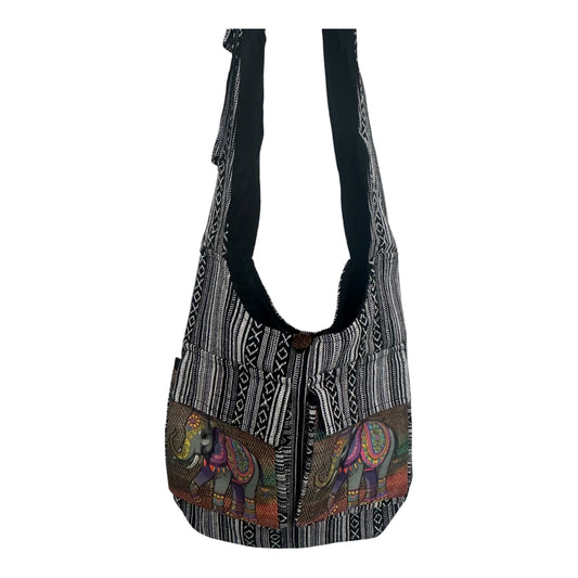 Handmade Cotton Boho Sling Bag – Elephant Print with Dual Front Pockets