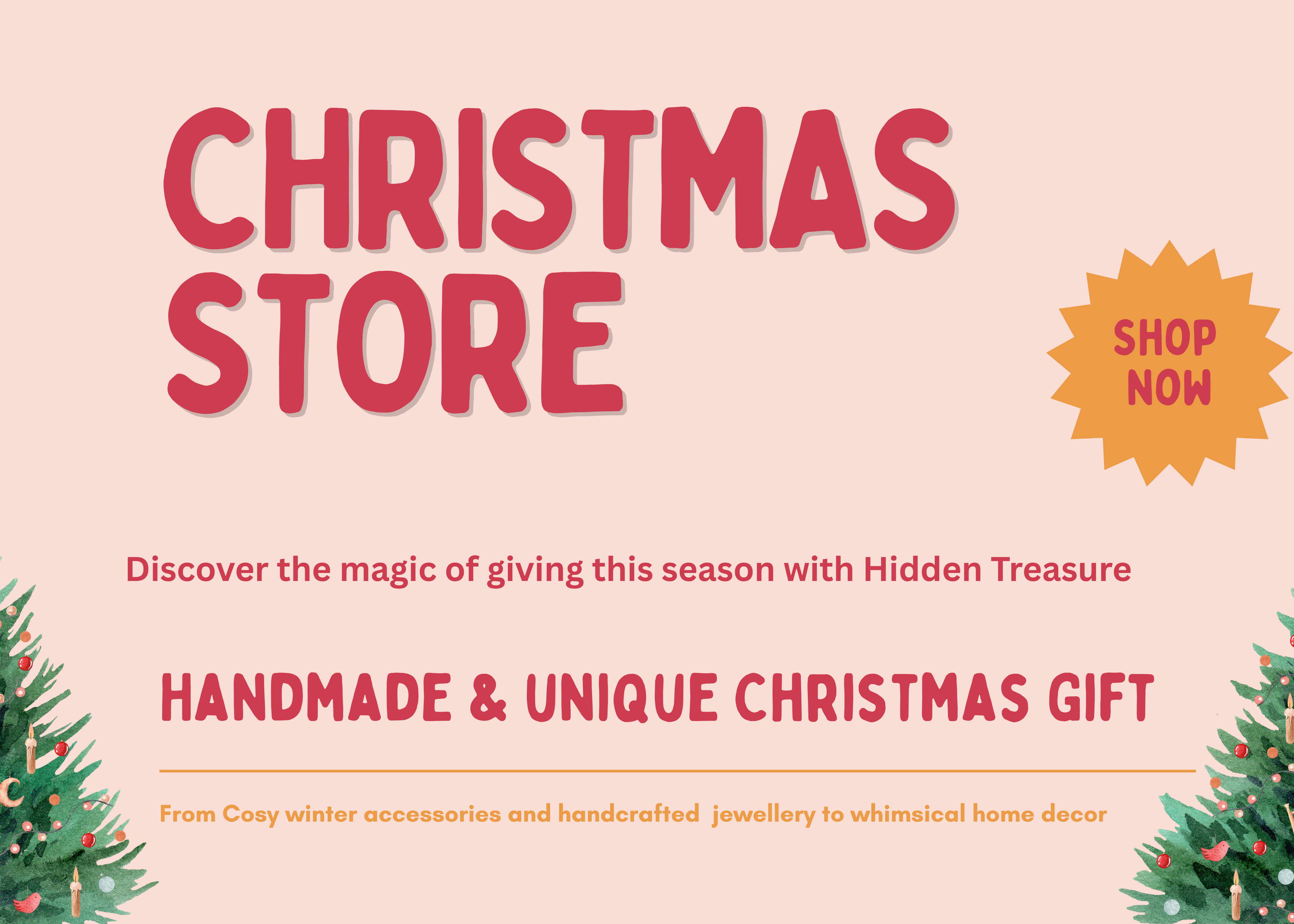 Advertisement for a Christmas store with presents and trees on a pink background