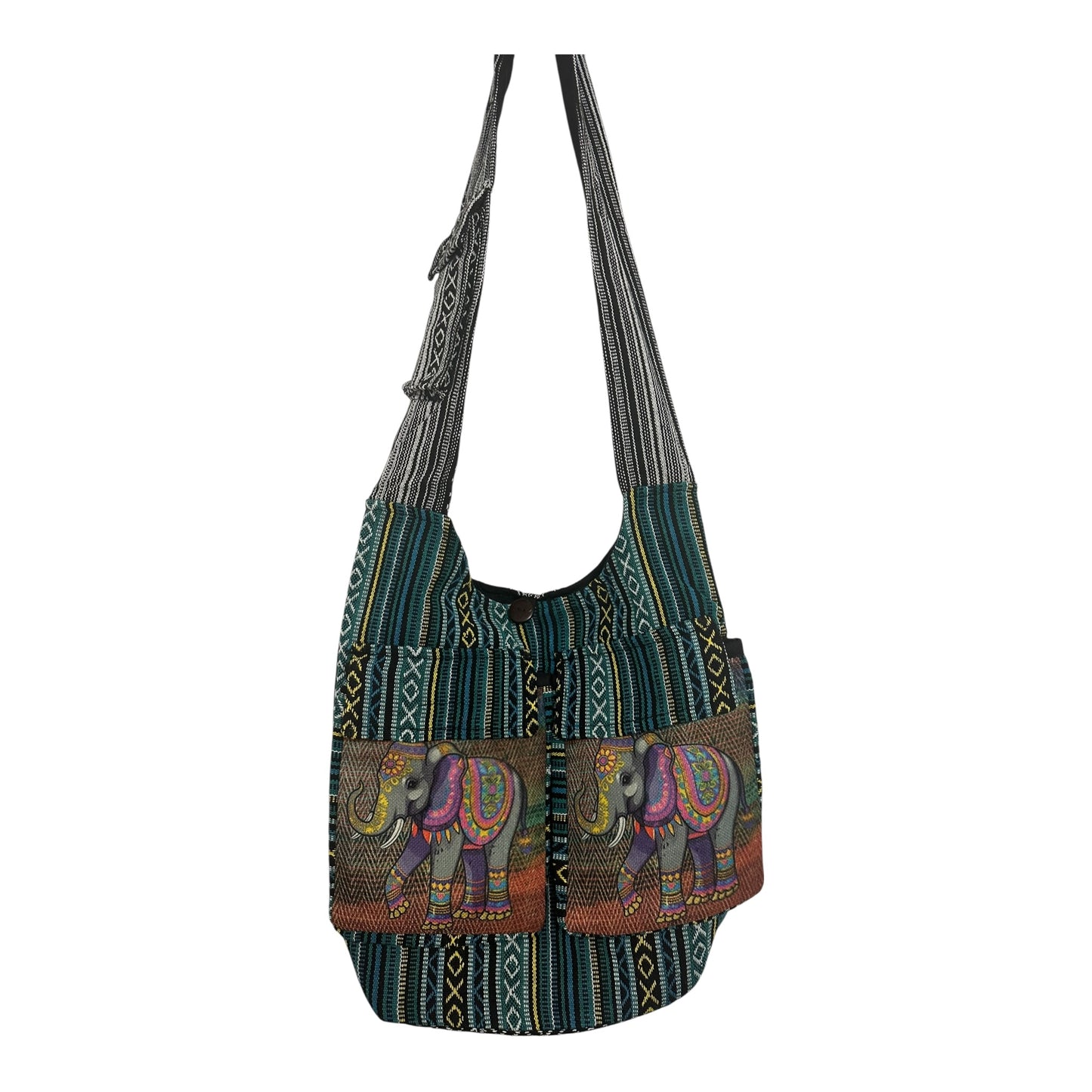 Handmade Cotton Boho Sling Bag – Elephant Print with Dual Front Pockets