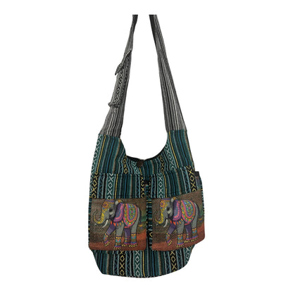 Handmade Cotton Boho Sling Bag – Elephant Print with Dual Front Pockets