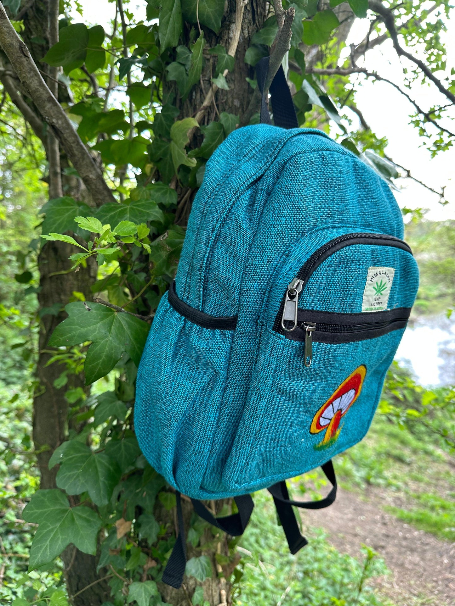Handmade Himalayan Hemp & Cotton Backpack - Embroidery Mushroom Design (Medium Size)