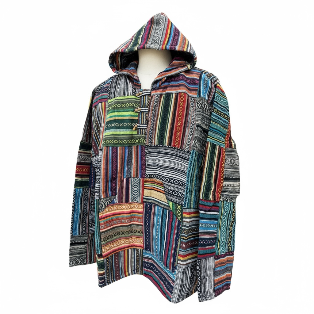 Multicolor Patchwork Baja Hoodie – Boho & Hippie Style