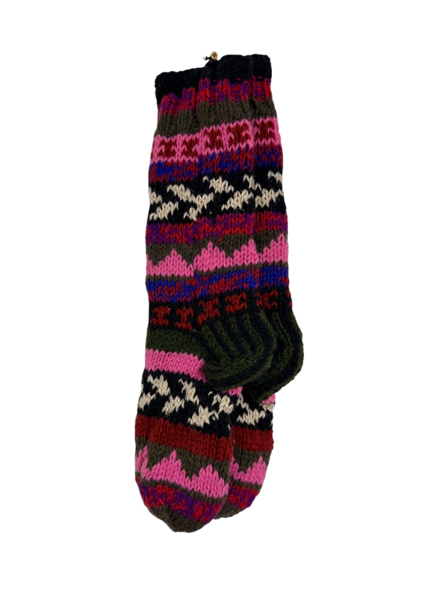 Hand-Knitted Organic Wool Socks – Pink & Olive Pattern