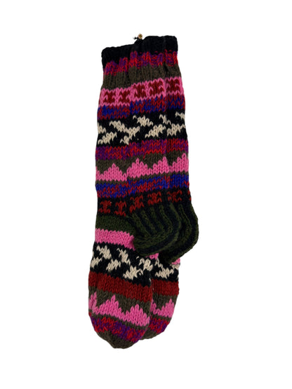 Hand-Knitted Organic Wool Socks – Pink & Olive Pattern