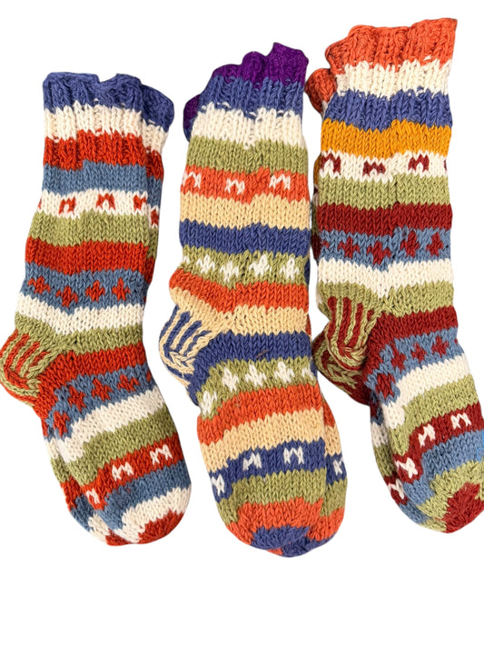 Hand-Knitted Fleece-Lined Organic Wool Socks – Autumn Fair Isle Pattern (Fits up to Size UK 7)