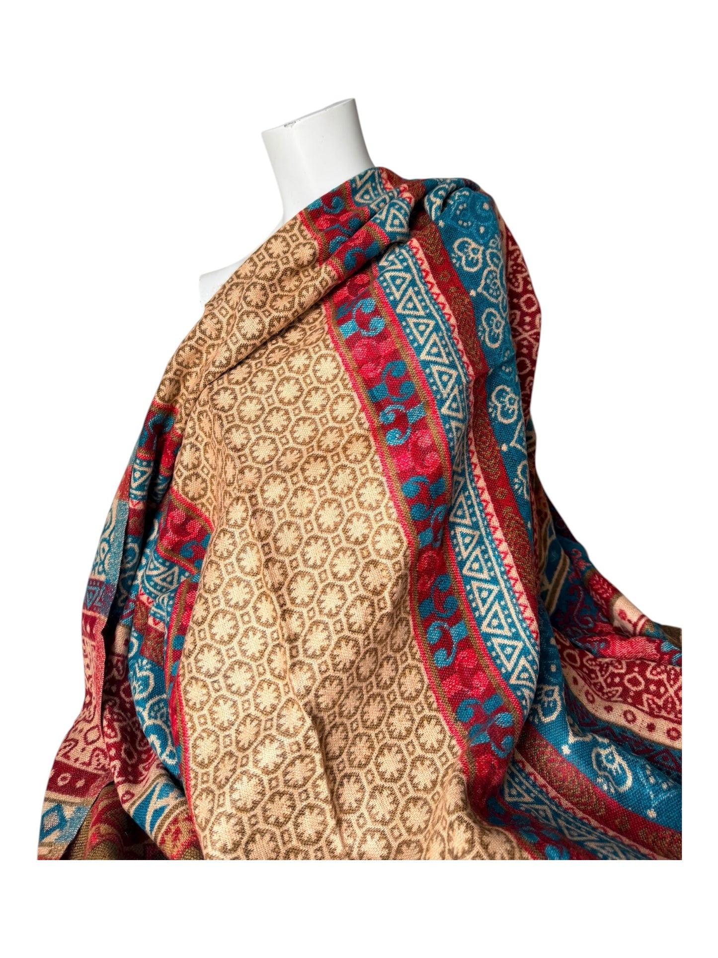 Large Soft Vegan Cashmelion Blanket Scarf Shawl Wrap with Tassels - Berry-Teal Mosaic