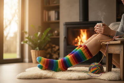 Unisex Hand-Knitted Organic Wool Rainbow Socks - Fleeced Inside