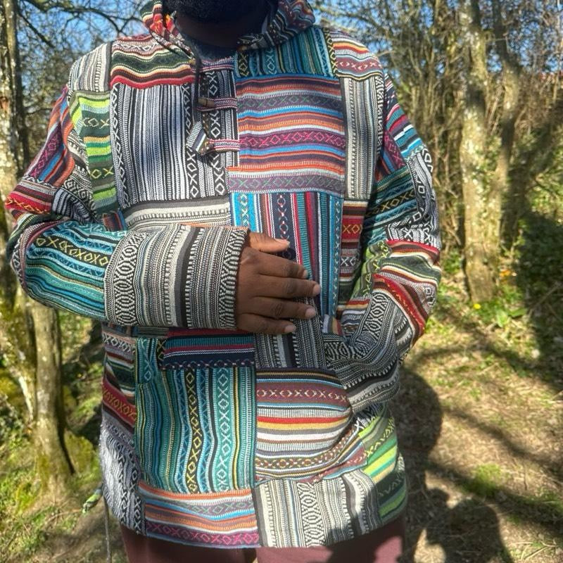 Multicolor Patchwork Baja Hoodie – Boho & Hippie Style