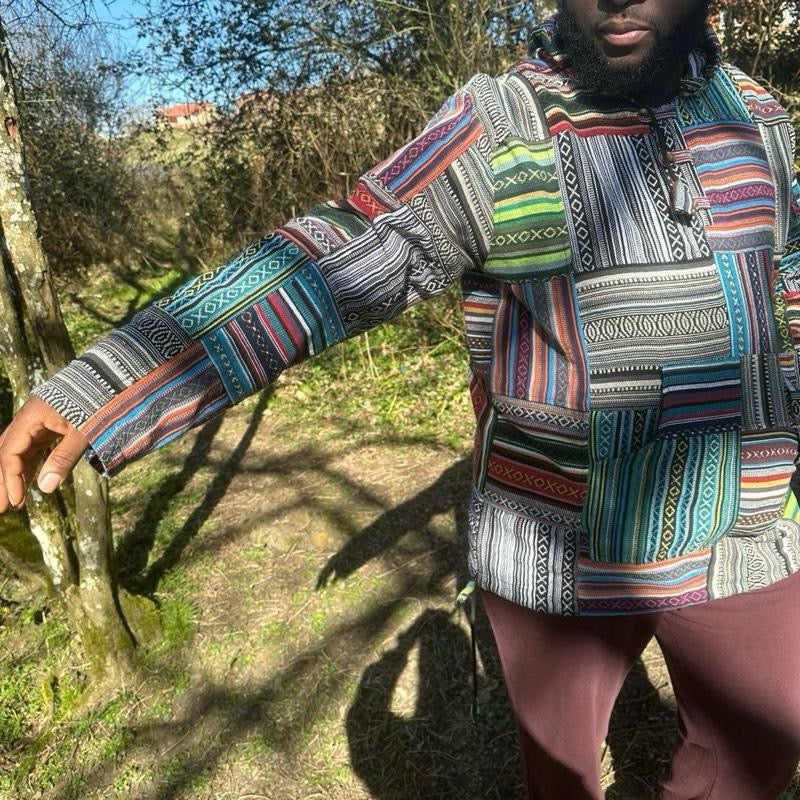 Multicolor Patchwork Baja Hoodie – Boho & Hippie Style