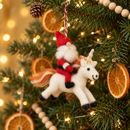 Hand Felted Santa on a Unicorn Christmas Decoration
