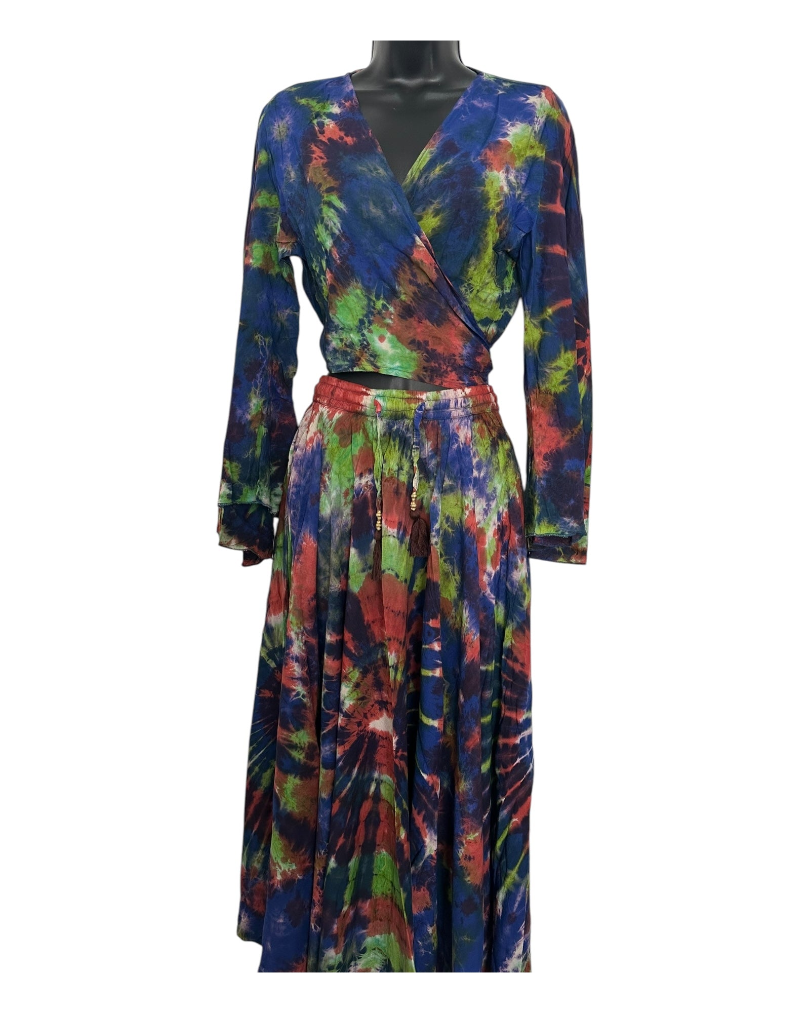 Boho Tie-Dye 2-Piece Set - Wrap Top & Flowy Skirt with Pockets