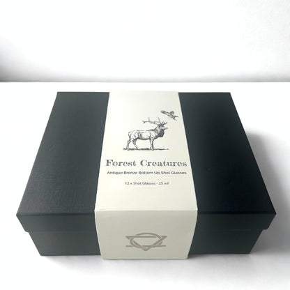 Gift Set of 12 Bottom Up Shot Glasses (25ml) - Forest & Mystical Creatures - Antique Bronze