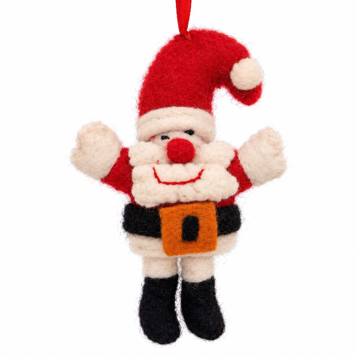 Smiling felt Santa Christmas decoration with a red hat, white beard, black boots and a red hanging ribbon.