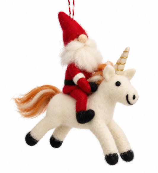 Felt Santa riding a white unicorn with an orange mane and tail, gold-coloured horn detail and hanging loop.