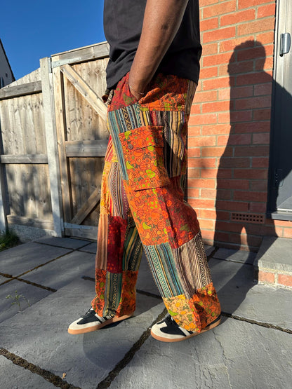 Handmade Patchwork Cotton Cargo Pants | Boho Hippie Festival Trousers