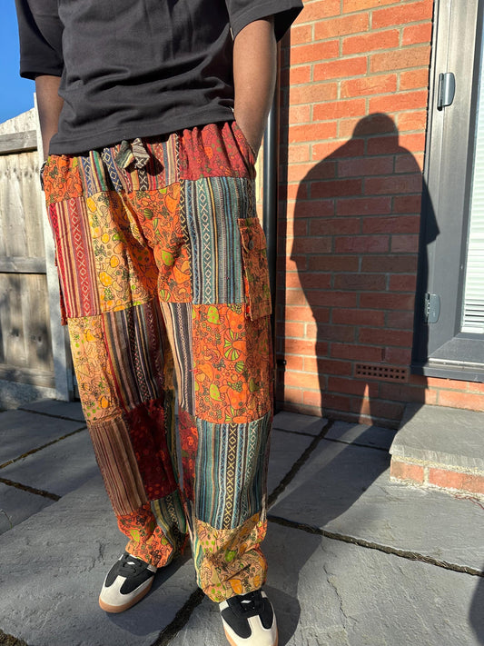 Handmade Patchwork Cotton Cargo Pants | Boho Hippie Festival Trousers