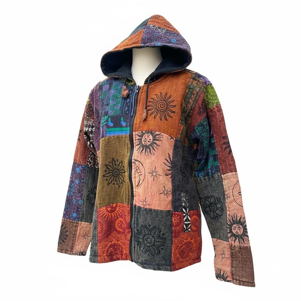 Patchwork Boho Zip Hoodie | Handmade Nepal Cotton Jacket | Unisex Hippie Hoodie | Festival Jacket | Bohemian Clothing