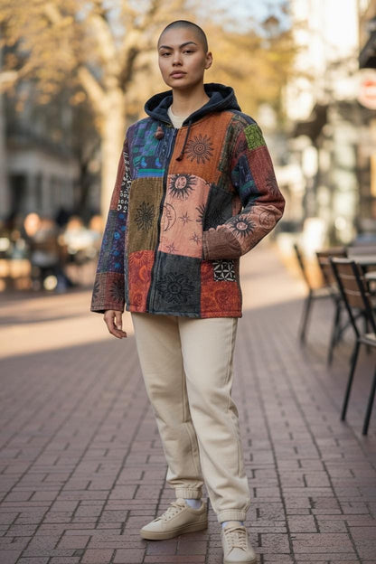 Patchwork Boho Zip Hoodie | Handmade Nepal Cotton Jacket | Unisex Hippie Hoodie | Festival Jacket | Bohemian Clothing