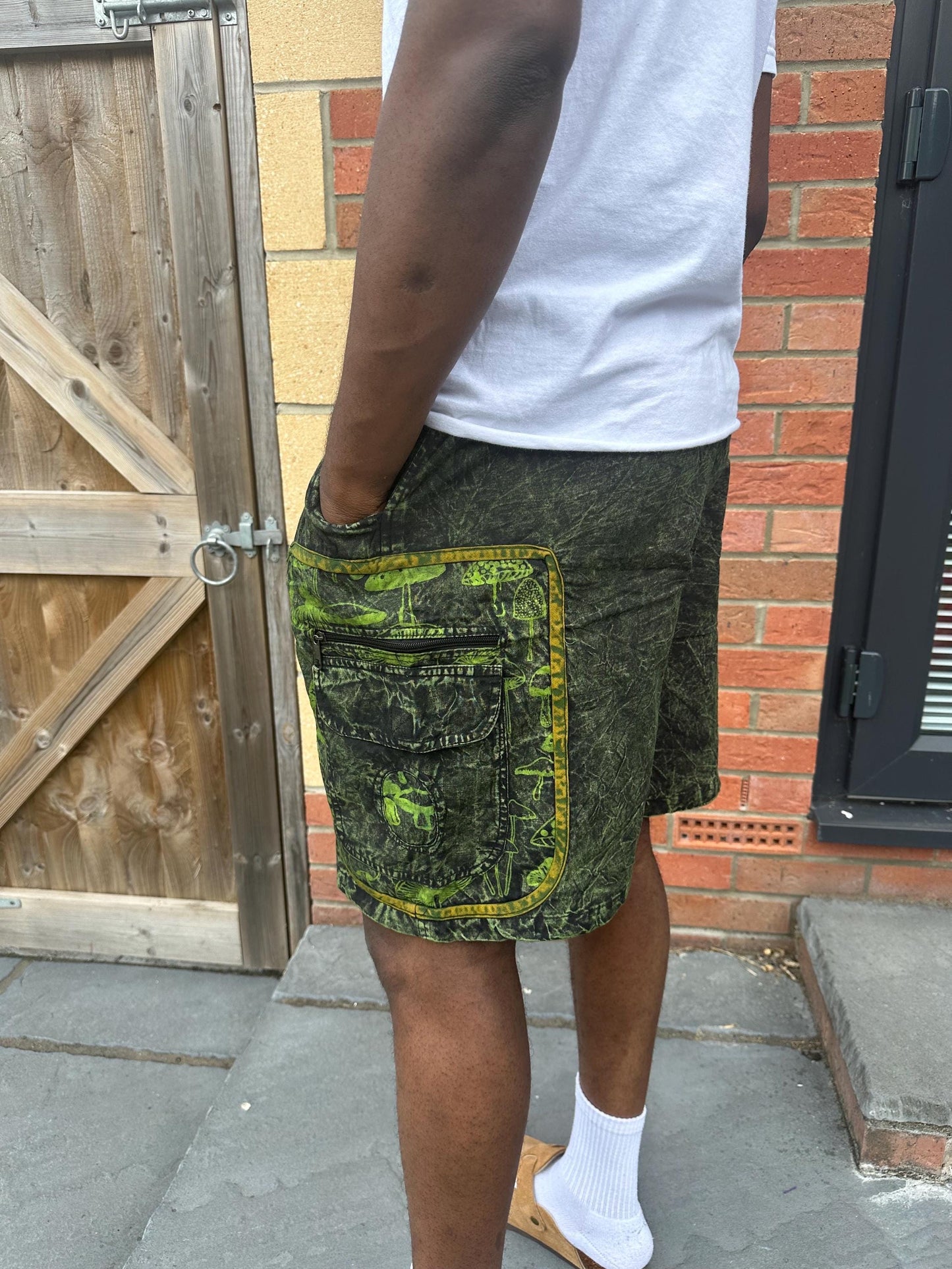 Boho Mushroom Shorts | Handmade Nepal Organic Cotton Shorts | Unisex Festival Shorts | Hippie Cargo Shorts | Psychedelic Clothing