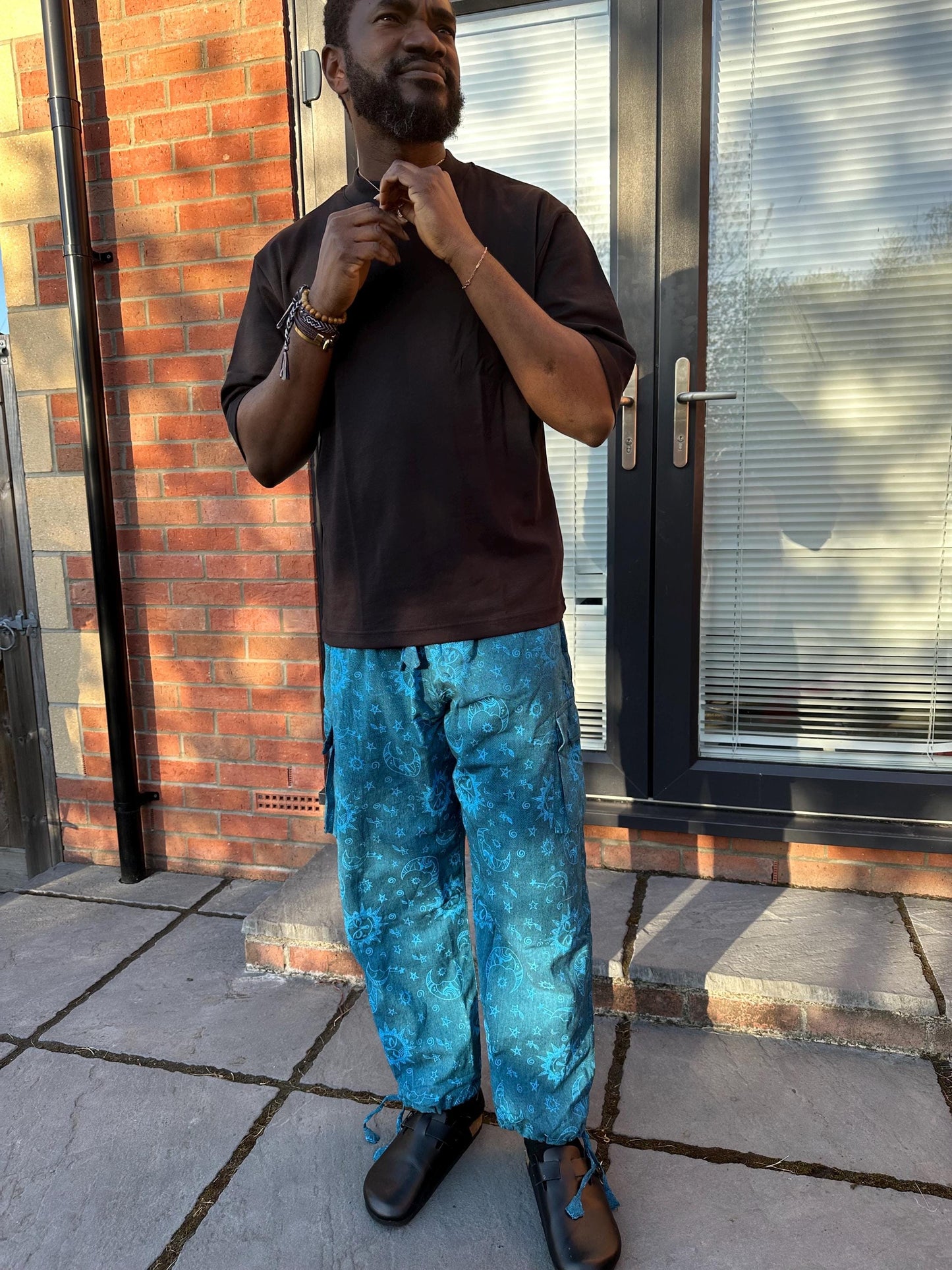 Boho Celestial Trousers | Handmade Nepal Organic Cotton Pants | Unisex Festival Trousers | Sun Moon Star Pants | Hippie Clothing