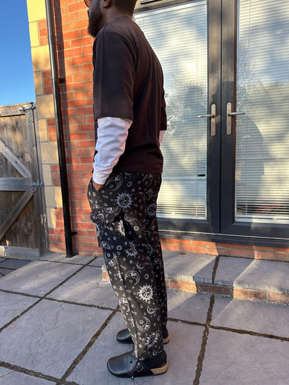 Boho Celestial Trousers | Handmade Nepal Organic Cotton Pants | Unisex Festival Trousers | Sun Moon Star Pants | Hippie Clothing