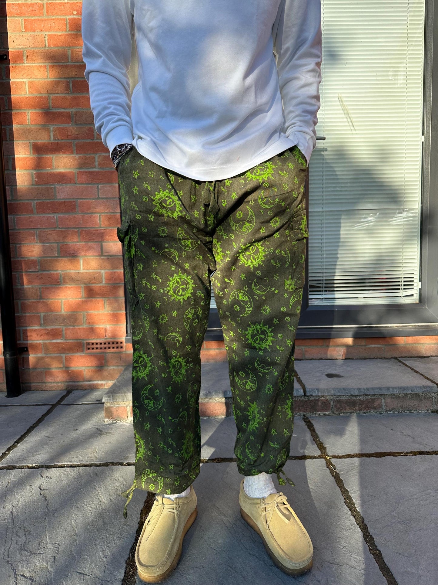 Boho Celestial Trousers | Handmade Nepal Organic Cotton Pants | Unisex Festival Trousers | Sun Moon Star Pants | Hippie Clothing